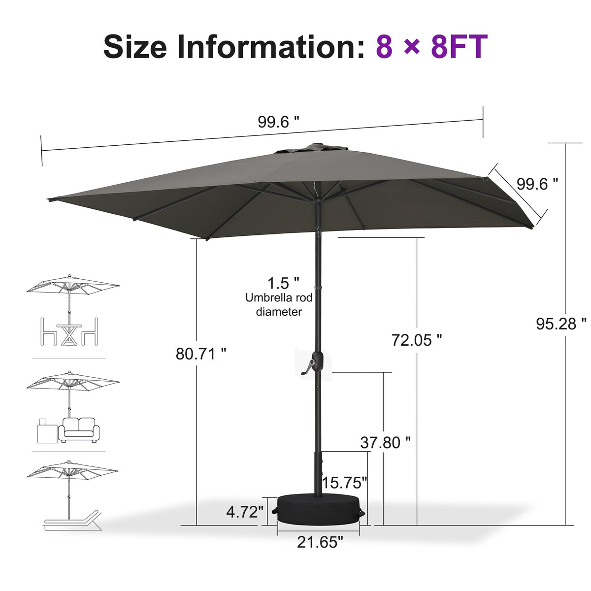 PURPLE LEAF Black Frame Outdoor Market Umbrellas Yard Tilting Patio Table Umbrella with Base