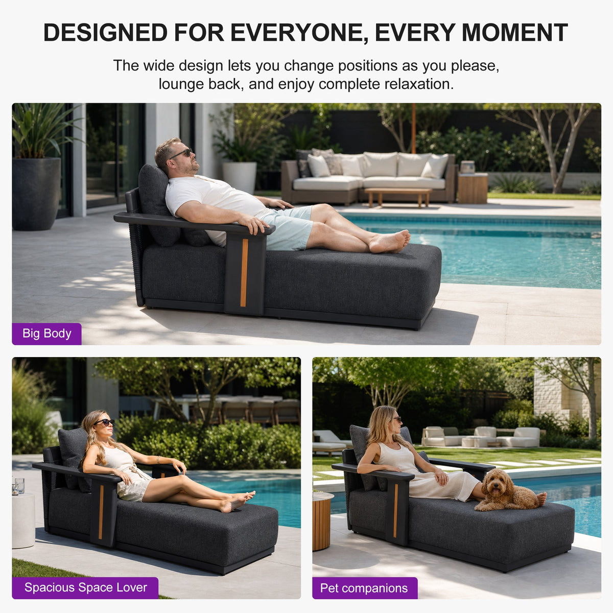 PURPLE LEAF Chaise Lounge Chair Modern Upholstered Outdoor Daybed with Armrest and Lumbar Pillow for Patio Poolside Sunbathing Deck