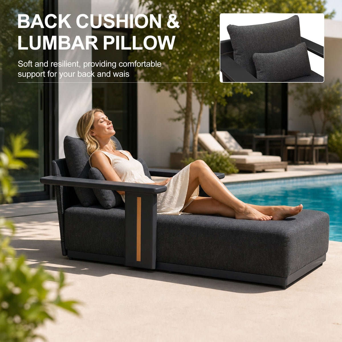 PURPLE LEAF Chaise Lounge Chair Modern Upholstered Outdoor Daybed with Armrest and Lumbar Pillow for Patio Poolside Sunbathing Deck