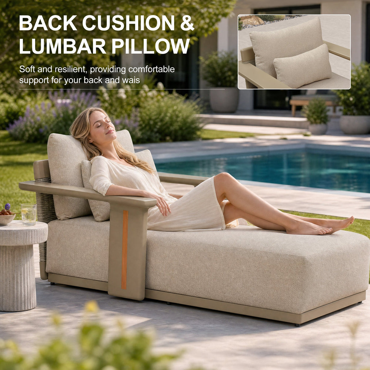 PURPLE LEAF Chaise Lounge Chair Modern Upholstered Outdoor Daybed with Armrest and Lumbar Pillow for Patio Poolside Sunbathing Deck