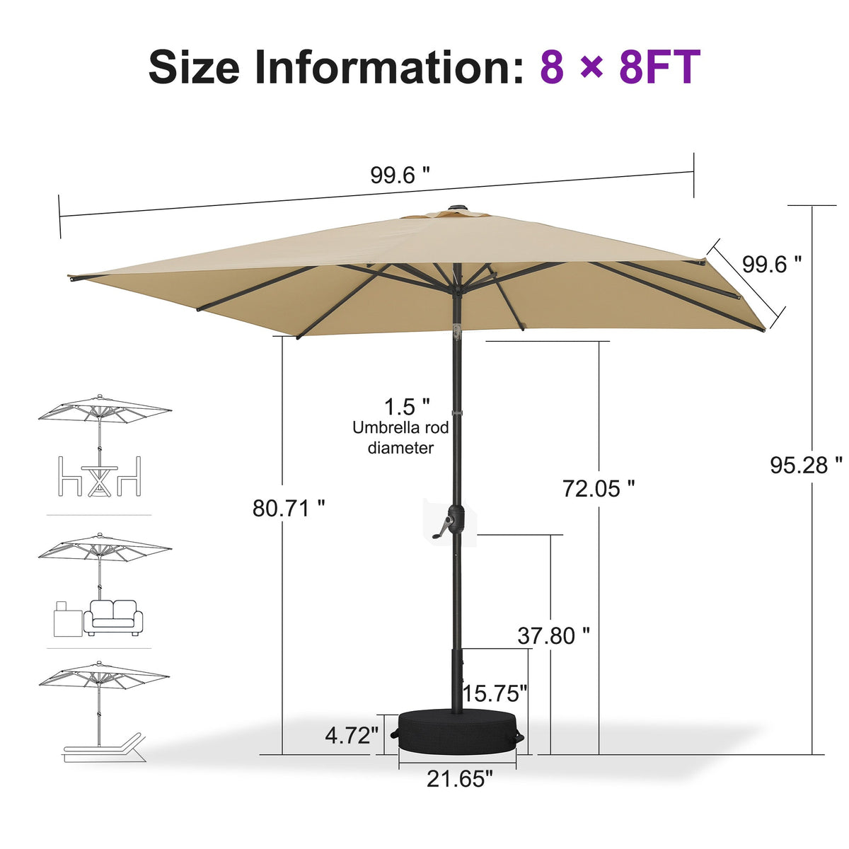 PURPLE LEAF Black Frame Outdoor Market Umbrellas Yard Tilting Patio Table Umbrella with Base
