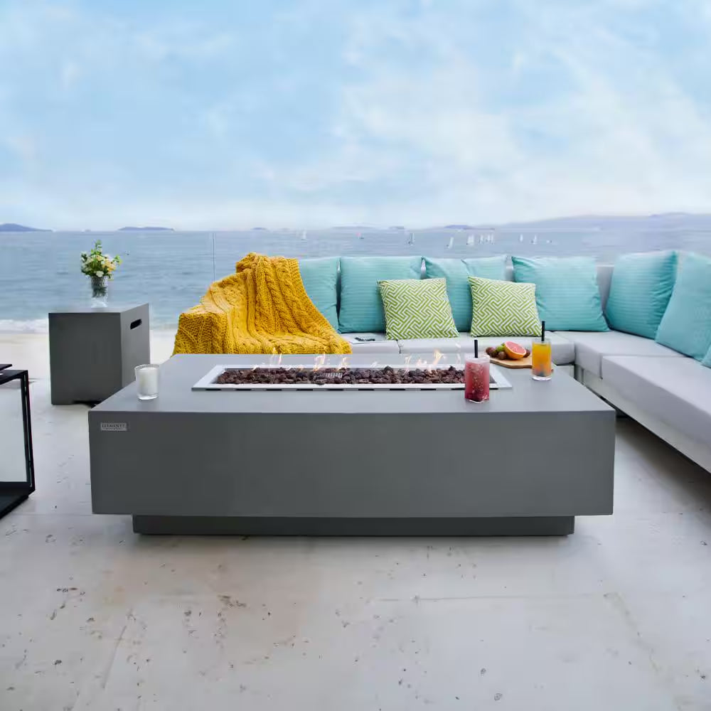 Elementi Granville Outdoor Fire Pit 60 In. X 27 In. Rectangular Concrete Propane Fire Table with Lava Rocks and Cover