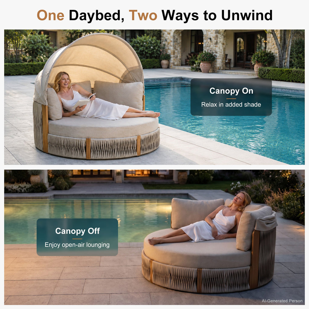 PURPLE LEAF Outdoor Round Daybed Chaise Lounge with Adjustable Canopy for Patio, Olefin fabric cover, thickened seat and back cushion, adjustable canopy, all weather aluminum frame, elegant wicker design
