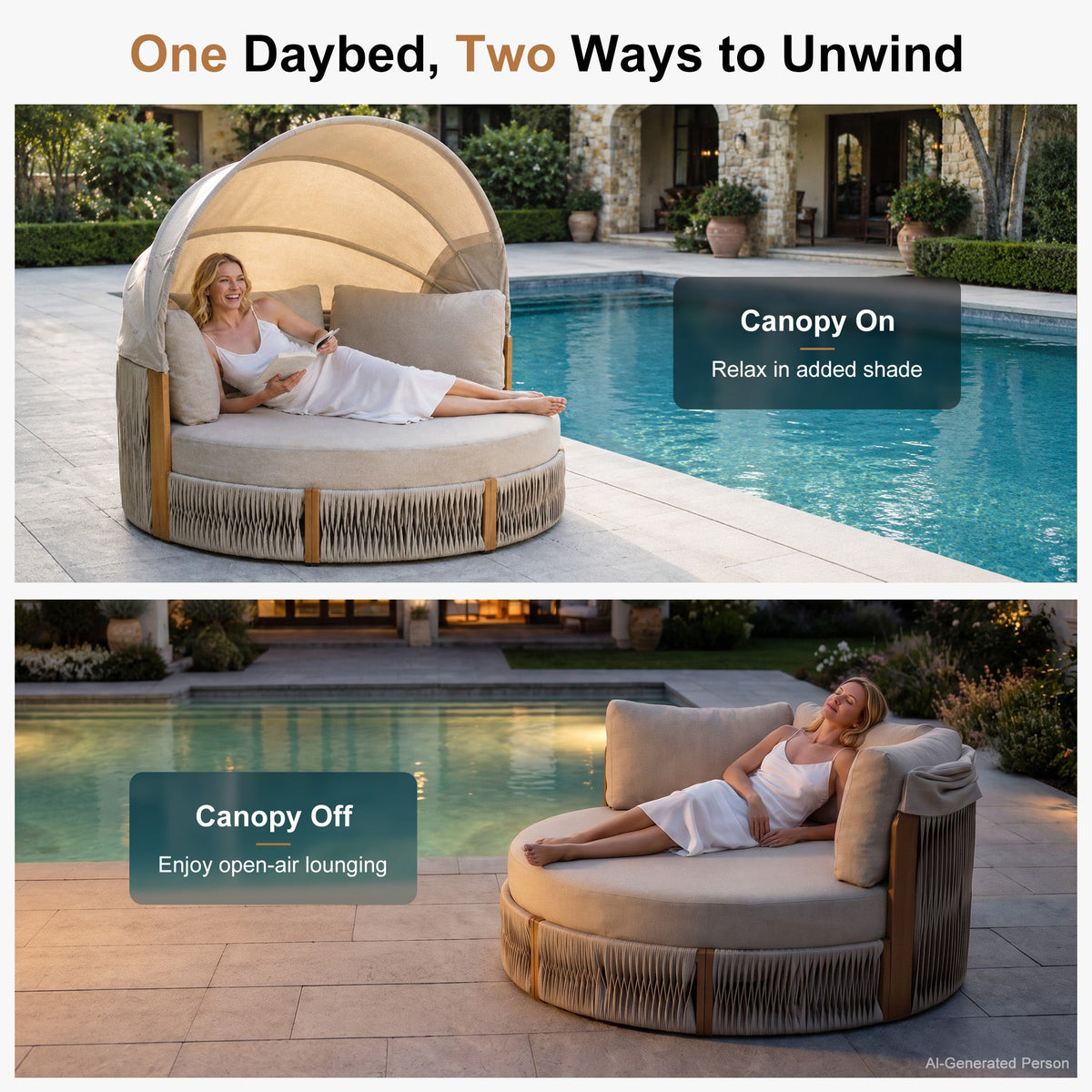 PURPLE LEAF Outdoor Round Daybed Chaise Lounge with Adjustable Canopy for Patio, Olefin fabric cover, thickened seat and back cushion, adjustable canopy, all weather aluminum frame, elegant wicker design
