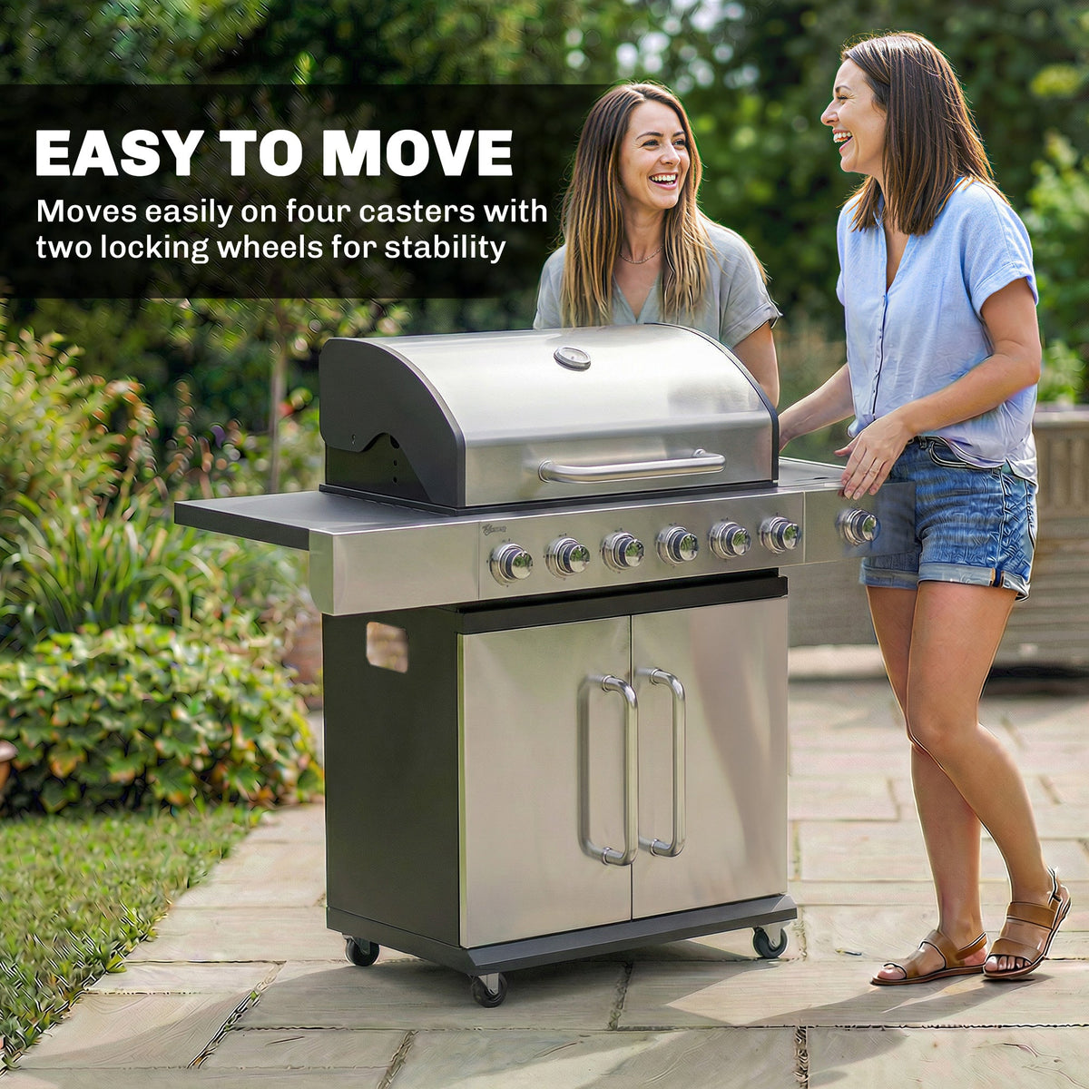 6 Burner Propane Gas Grill with Side Burner, 63,000 BTU , Warming Rack & Cabinet