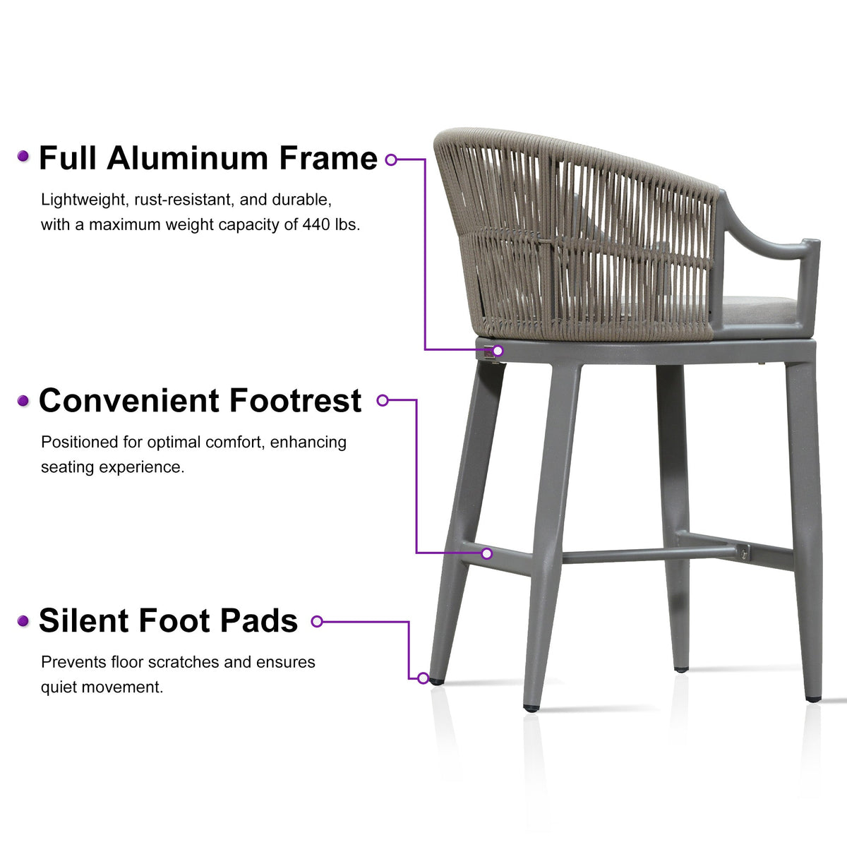 PURPLE LEAF Patio Bar Stools Set of 2 Outdoor Wicker Modern High Bar Chairs Metal Cushioned Barstools with Backs and Ergonomic Armrest