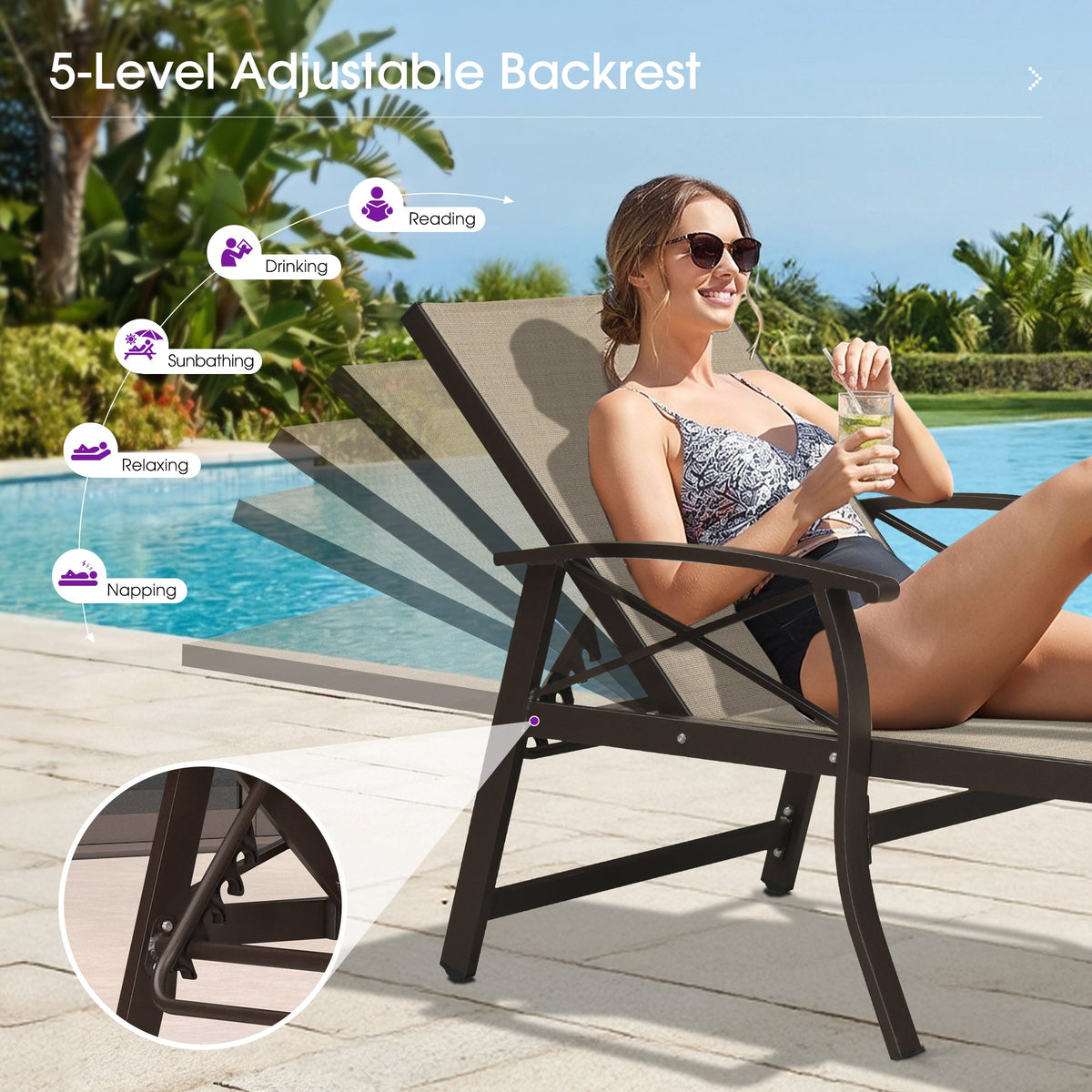 PURPLE LEAF Oversized Chaise Lounge Chair Outdoor Extra Wide Pool Lounge Chairs 5 Adjustable Position with Armrests and Side Table, Aluminum Patio Lounge Chair for Outside, Backyard, Pool