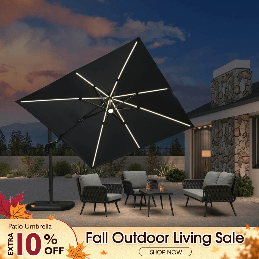 PURPLE LEAF – Parasol de terrasse déporté 10ft avec éclairage LED, rotation 360° et inclinaison