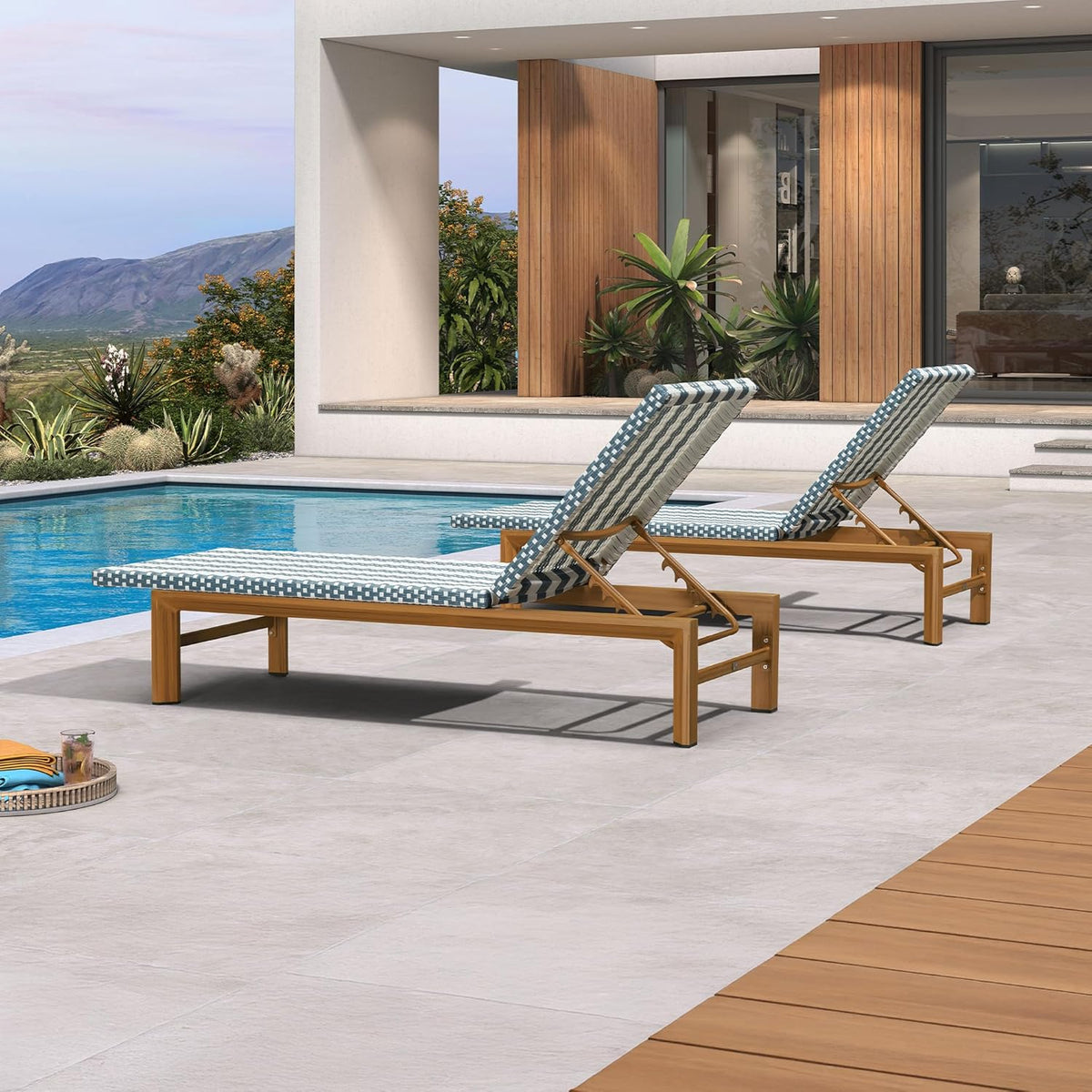 PURPLE LEAF Outdoor Teak Chaise Lounge Chair, Wood Grain Aluminum Outdoor Pool Lounge Chairs with Adjustable Backrest, Breathable Recliner for Patio, Poolside, Garden