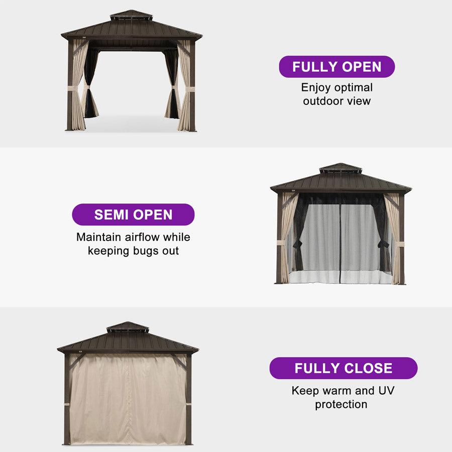 PURPLE LEAF Hardtop Gazebo Featuring Galvanized Steel Double Roof and Bronze Aluminum Frame with Curtains and Netting for Backyard with Lights-milky