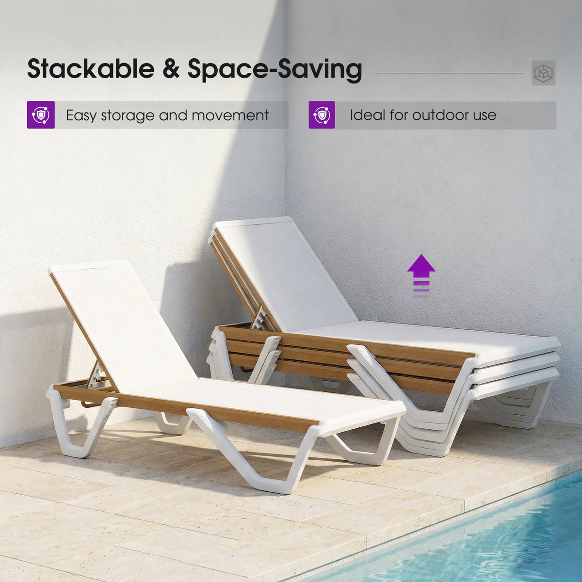 PURPLE LEAF Patio Lounge Chair Set White Chaise Lounge Chairs Five-Position Adjustable Plastic Stackable Chaise for Pool Sunbathing Beach Deck Outdoor