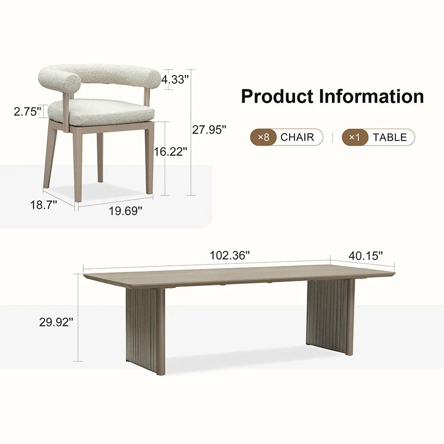 PURPLE LEAF Provence Patio Dining Set Luxury Modern Conversation Set Aluminum Large Rectangle Dining Table and Chairs with Olefin Cushion Outdoor Furniture Set for Garden Porch Deck Backyard