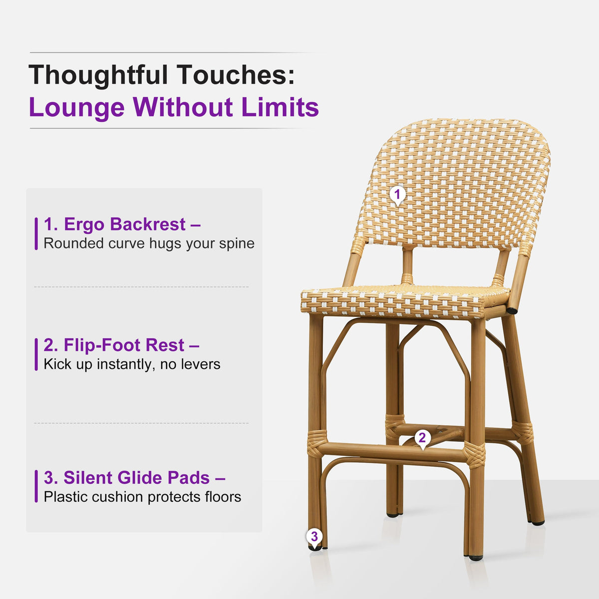 PURPLE LEAF Outdoor Bar Height Stools Set of 2 French Country Patio Rattan Bar Stool Chairs Outdoor Armless Barstools for Porch Garden Indoor Kitchen