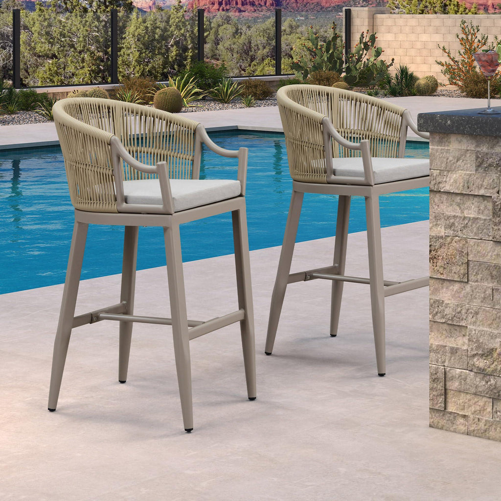 PURPLE LEAF Patio Bar Stools Set of 2 Outdoor Wicker Modern High Bar Chairs Metal Cushioned Barstools with Backs and Ergonomic Armrest