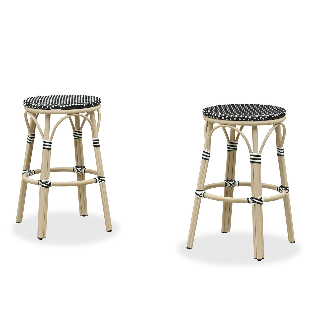 PURPLE LEAF Patio French Round Counter Stool Set of 2 Rattan Backless Stackable Barstools Aluminum Frame Footrest with Woven Wicker for Outdoor Kitchen Yard