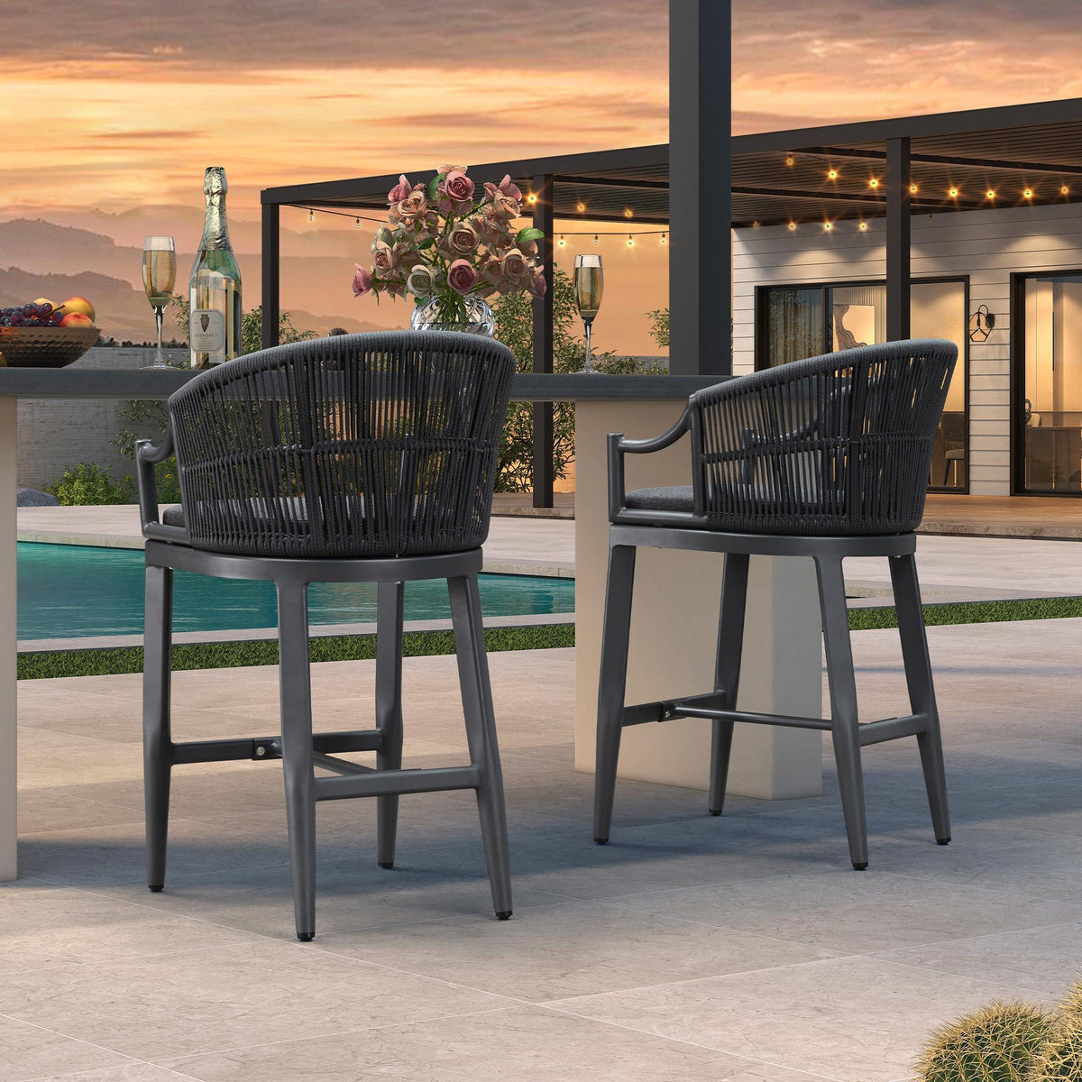 PURPLE LEAF Patio Bar Stools Set of 2 Outdoor Wicker Modern High Bar Chairs Metal Cushioned Barstools with Backs and Ergonomic Armrest