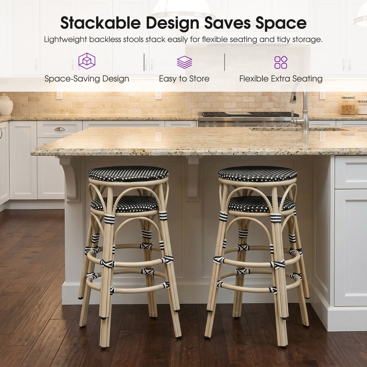 PURPLE LEAF Patio French Round Counter Stool Set of 2 Rattan Backless Stackable Barstools Aluminum Frame Footrest with Woven Wicker for Outdoor Kitchen Yard