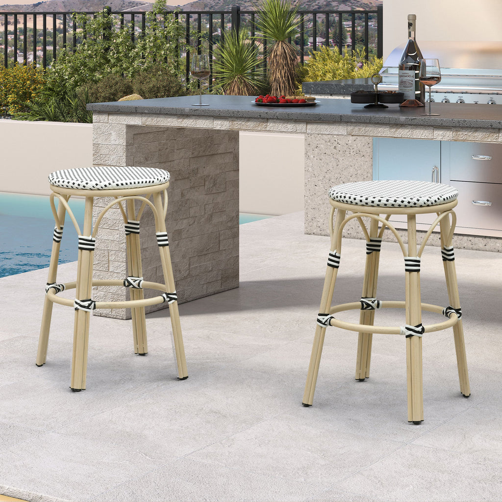 PURPLE LEAF Patio French Round Counter Stool Set of 2 Rattan Backless Stackable Barstools Aluminum Frame Footrest with Woven Wicker for Outdoor Kitchen Yard