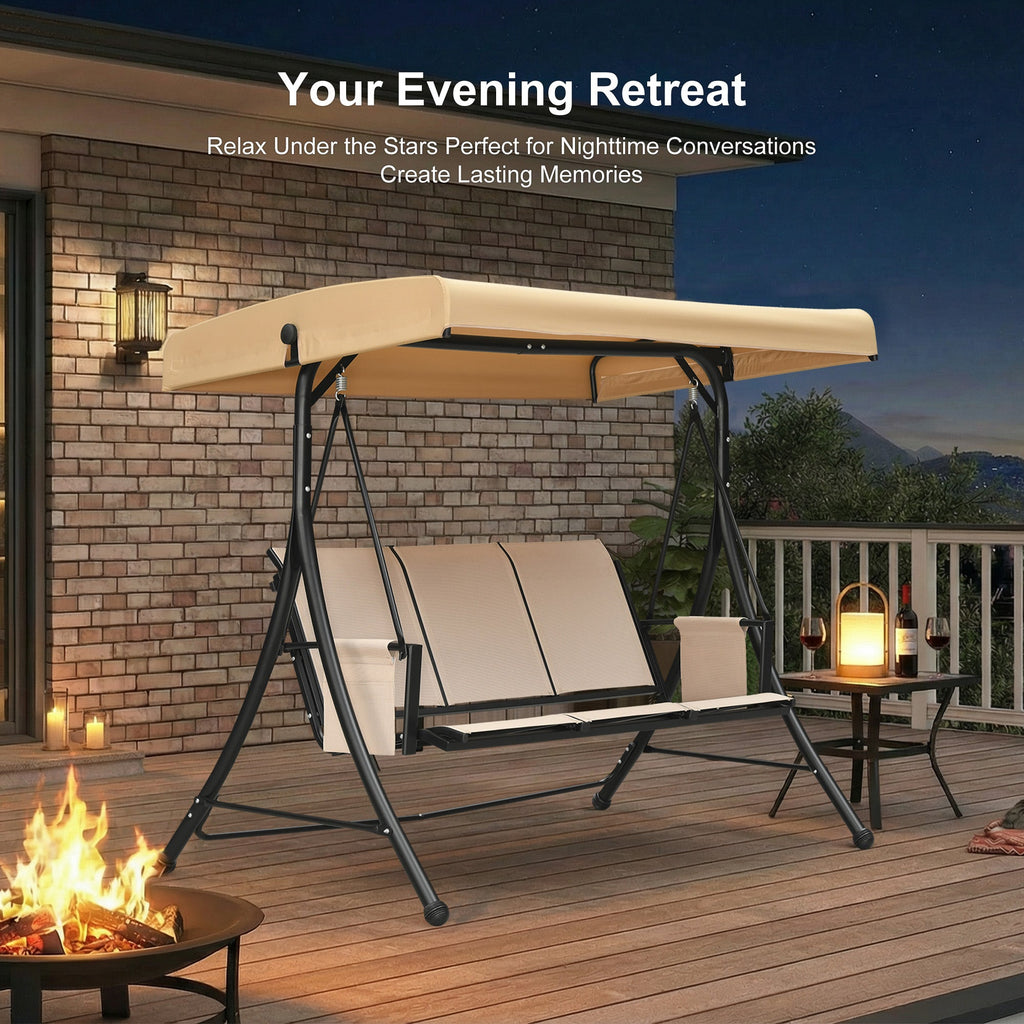 PURPLE LEAF Porch Swing with Adjustable Tilt Canopy Patio Swing with Stand and Meatl Steel Frame All-Weather Outdoor Swing Chair Seat Space-Saving for Backyard Garden Deck