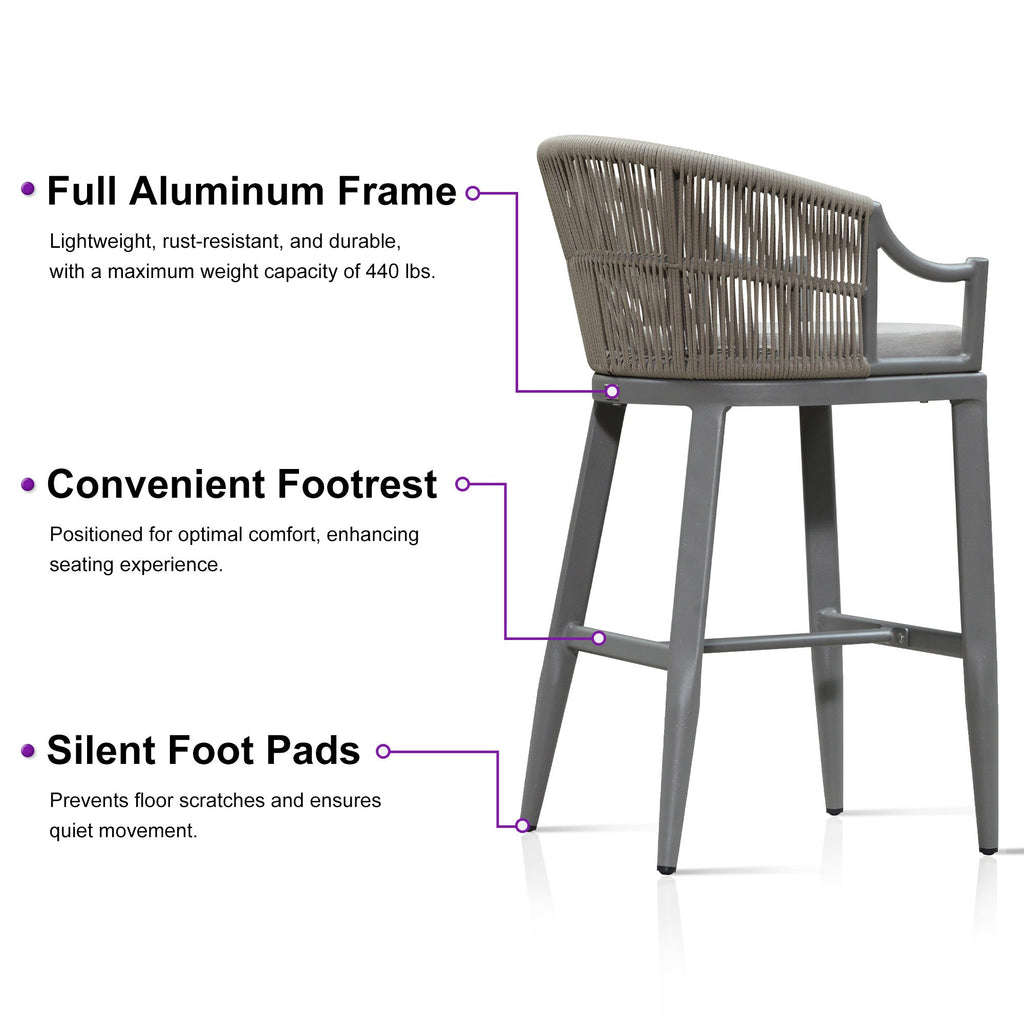 PURPLE LEAF Patio Bar Stools Set of 2 Outdoor Wicker Modern High Bar Chairs Metal Cushioned Barstools with Backs and Ergonomic Armrest
