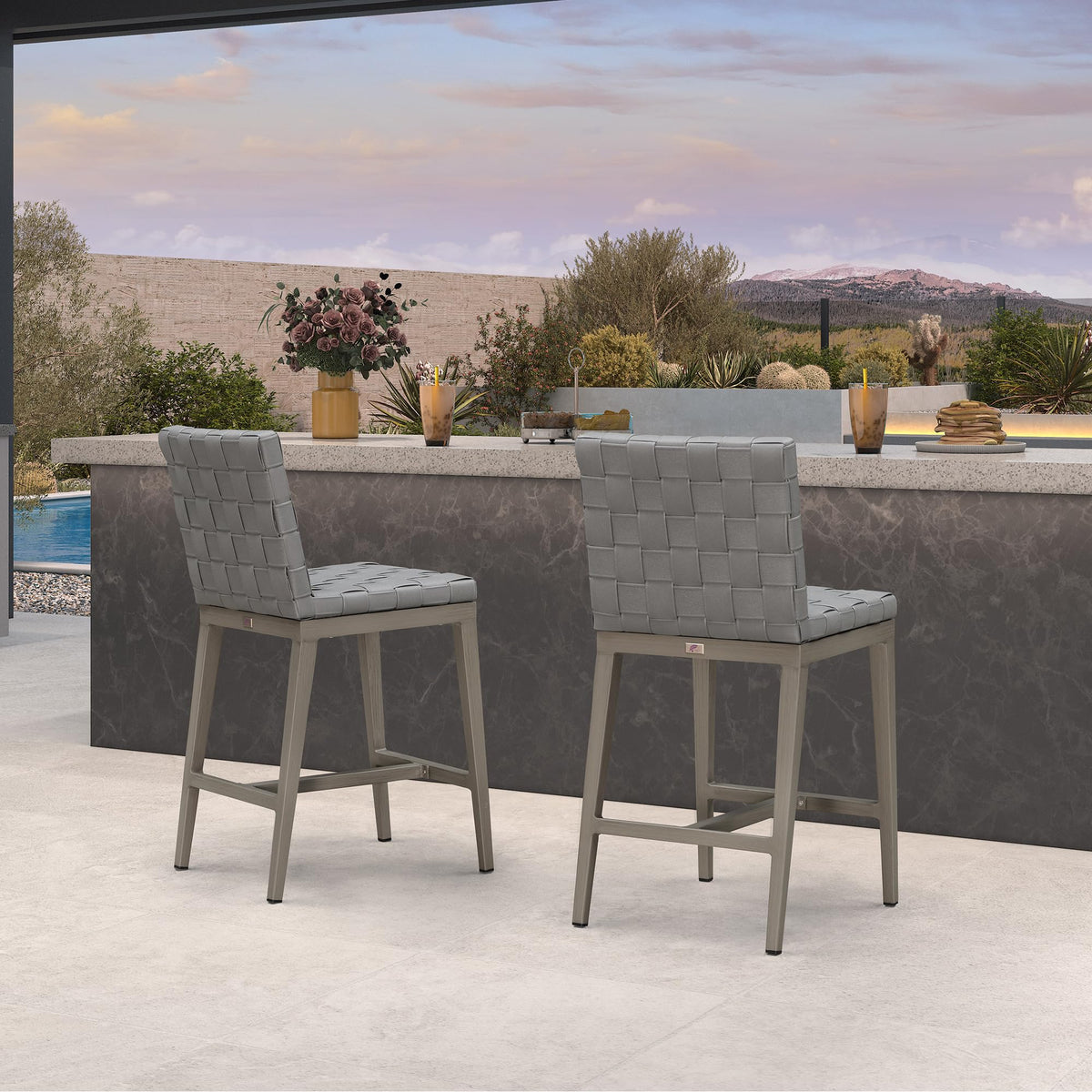 PURPLE LEAF Outdoor Counter Height Stools Set of 2, PU Leather Patio Bar Set with Aluminum Frame, Bar Chairs for Poolside, Garden, Kitchen Island