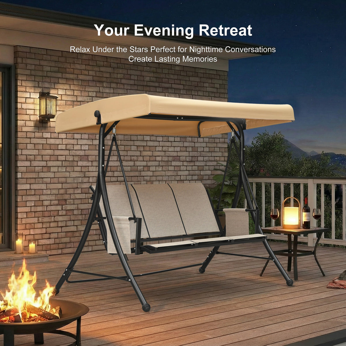PURPLE LEAF Porch Swing with Adjustable Tilt Canopy Patio Swing with Stand and Meatl Steel Frame All-Weather Outdoor Swing Chair Seat Space-Saving for Backyard Garden Deck