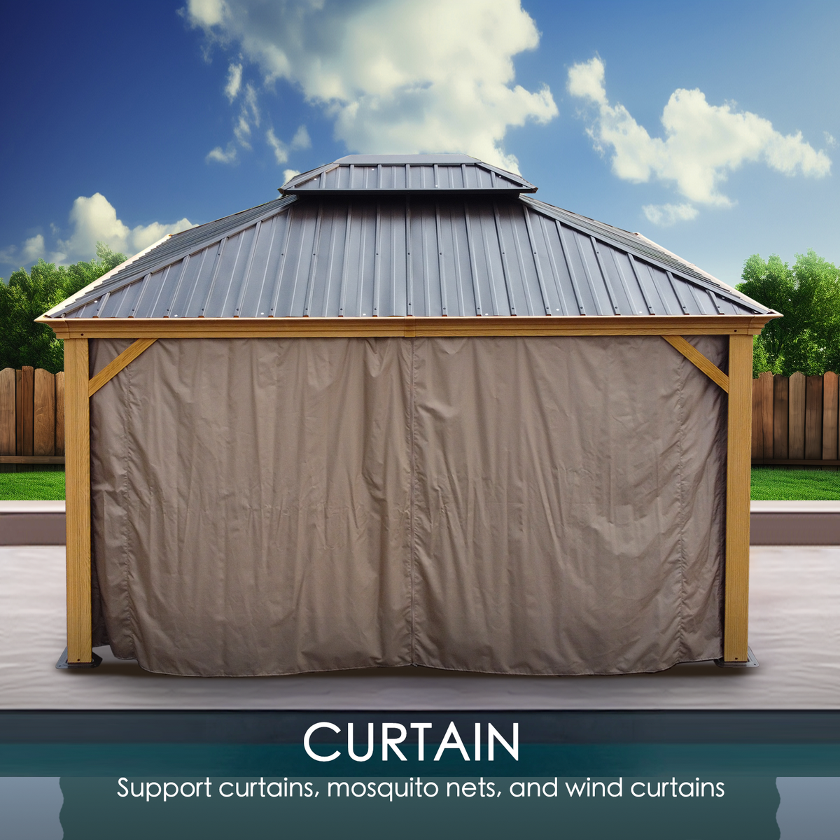 Kozyard Apollo 12’x12’ Hardtop Gazebo, Wooden Coated Aluminum Frame Canopy with Galvanized Steel Double Roof, Outdoor Permanent Metal Pavilion with Netting for Patio, Deck and Lawn