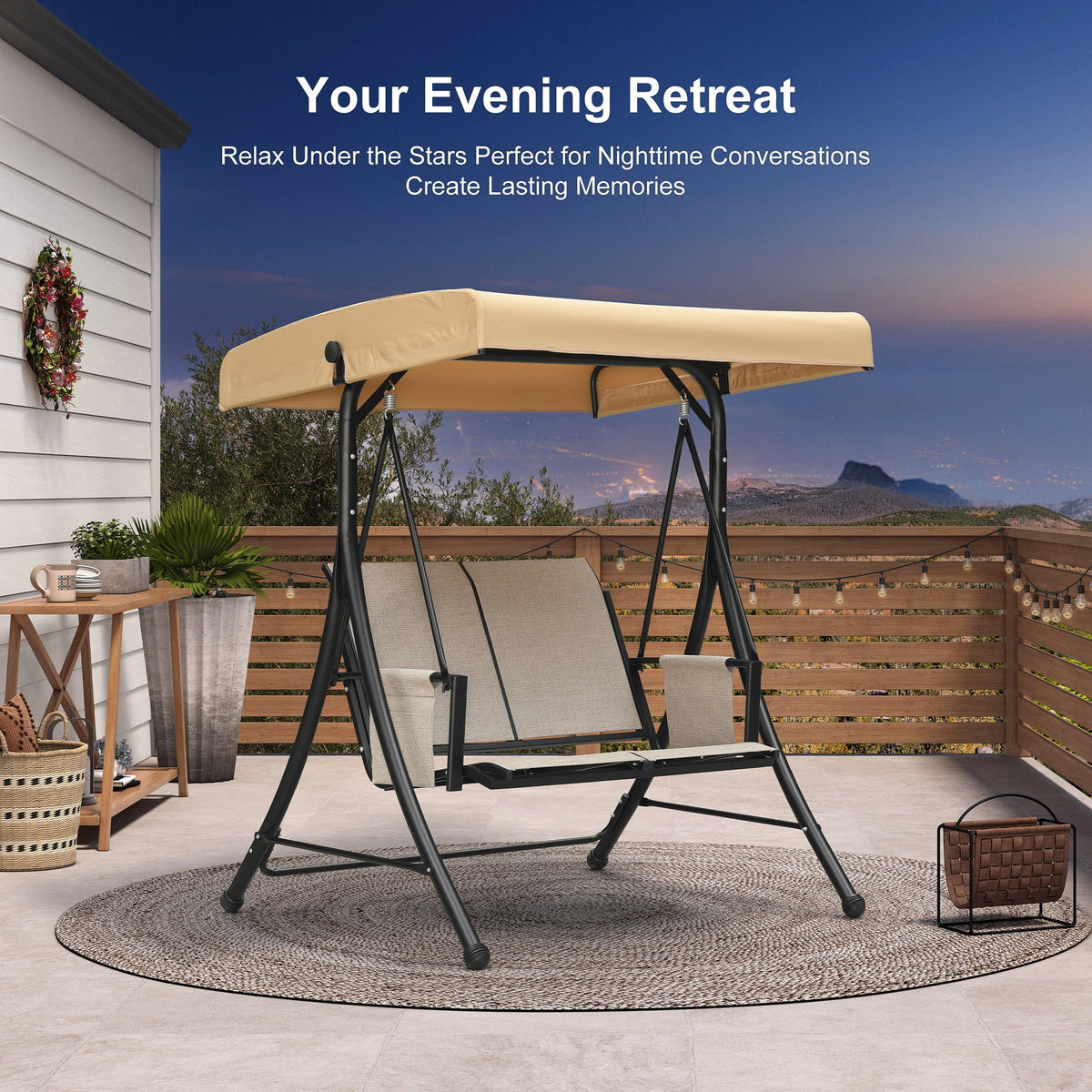 PURPLE LEAF Porch Swing with Adjustable Tilt Canopy Patio Swing with Stand and Meatl Steel Frame All-Weather Outdoor Swing Chair Seat Space-Saving for Backyard Garden Deck