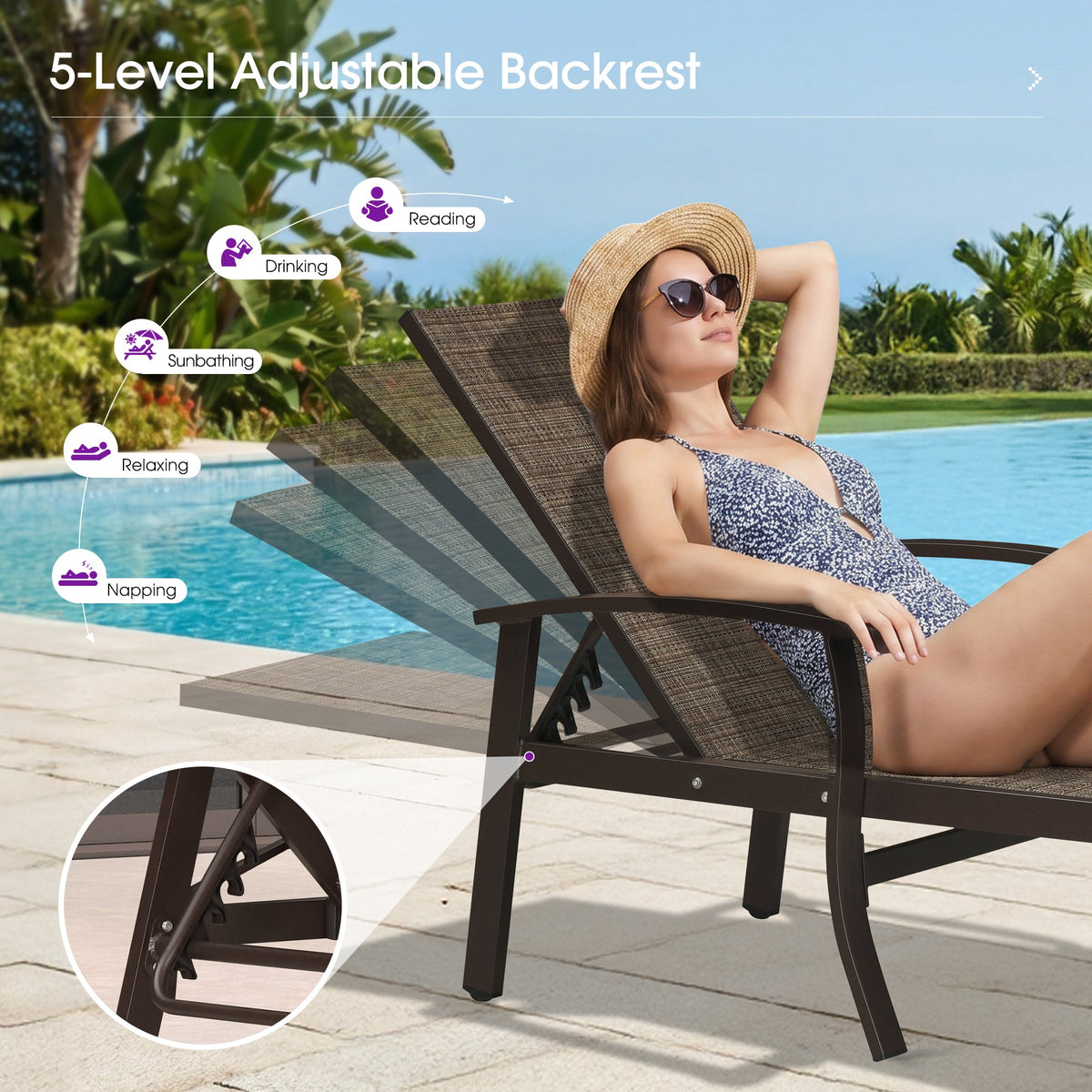 PURPLE LEAF Outdoor Chaise Lounge Chair Patio Pool Lounger Aluminum Chairs with Side Table and Wheels Adjustable Tanning Recliner with Armrests for Outside Backyard Deck Beach