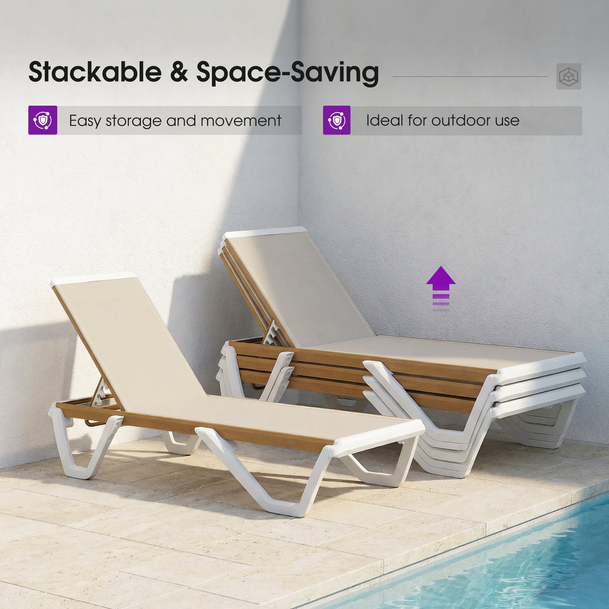 PURPLE LEAF Patio Lounge Chair Set White Chaise Lounge Chairs Five-Position Adjustable Plastic Stackable Chaise for Pool Sunbathing Beach Deck Outdoor