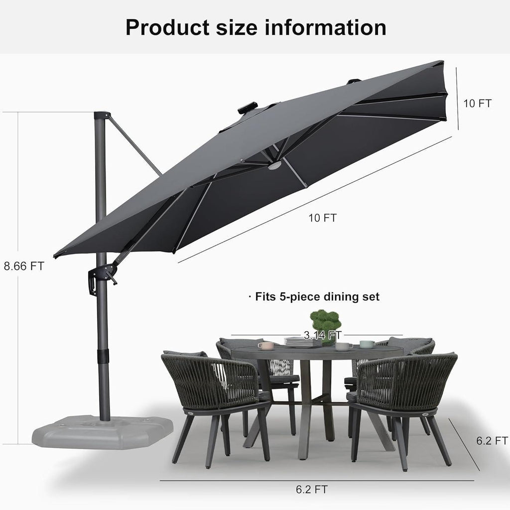 PURPLE LEAF – Parasol de terrasse déporté 10ft avec éclairage LED, rotation 360° et inclinaison