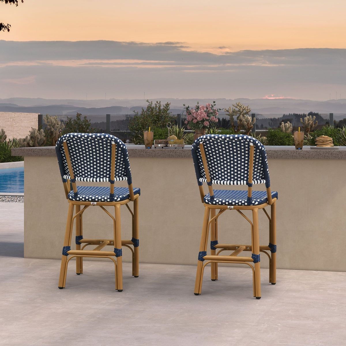 PURPLE LEAF Outdoor Bar Height Stools Set of 2 French Country Patio Rattan Bar Stool Chairs Outdoor Armless Barstools for Porch Garden Indoor Kitchen
