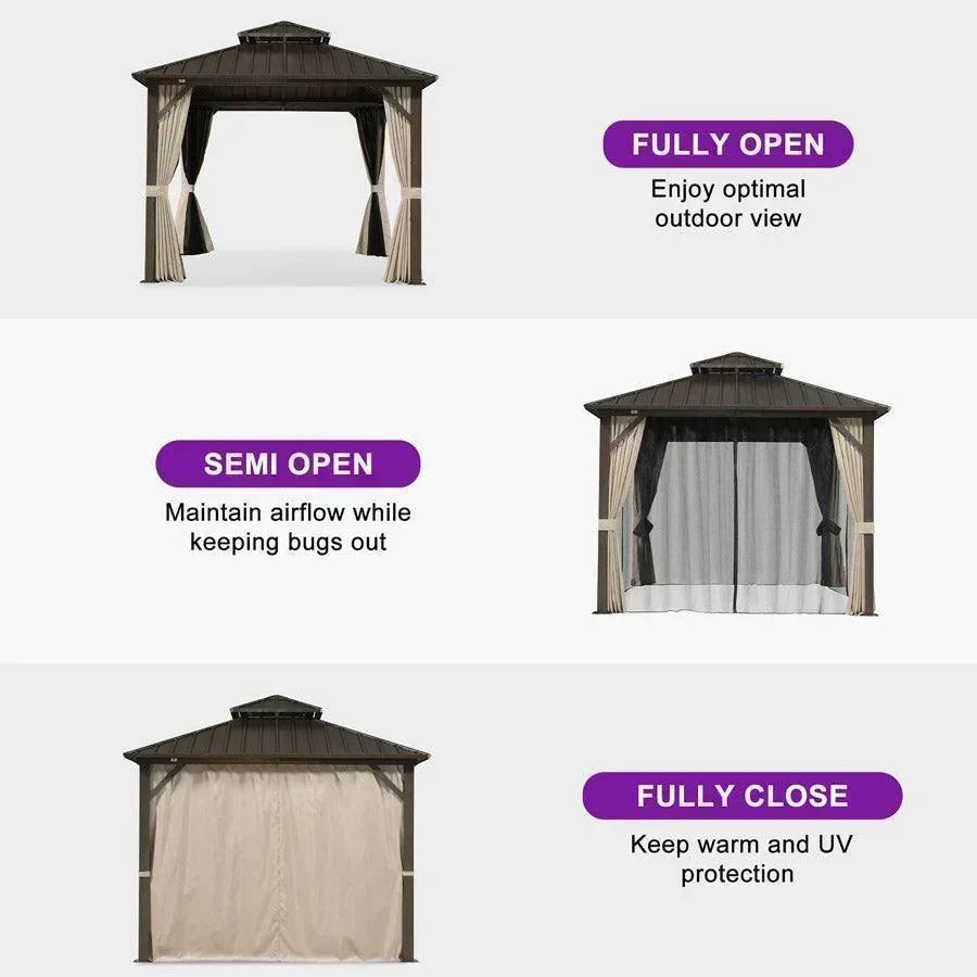 PURPLE LEAF Hardtop Gazebo Featuring Galvanized Steel Double Roof and Bronze Aluminum Frame with Curtains and Netting for Patio and Poolside