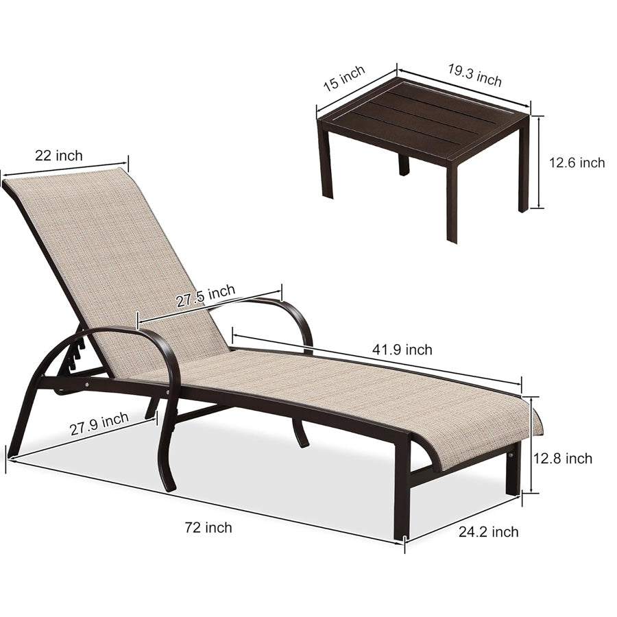 PURPLE LEAF Outdoor Chaise Lounge Patio Pool Lounger Aluminum Chairs with Side Table Adjustable Tanning Recliner for Outside Yard Deck Lawn Garden Beach