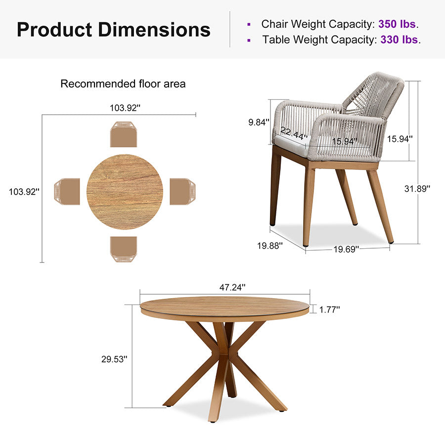 PURPLE LEAF Round Outdoor Dining Set Patio Aluminum Dining Set Round Table and Wicker Chairs with Sunbrella Cushions for Kitchen Deck