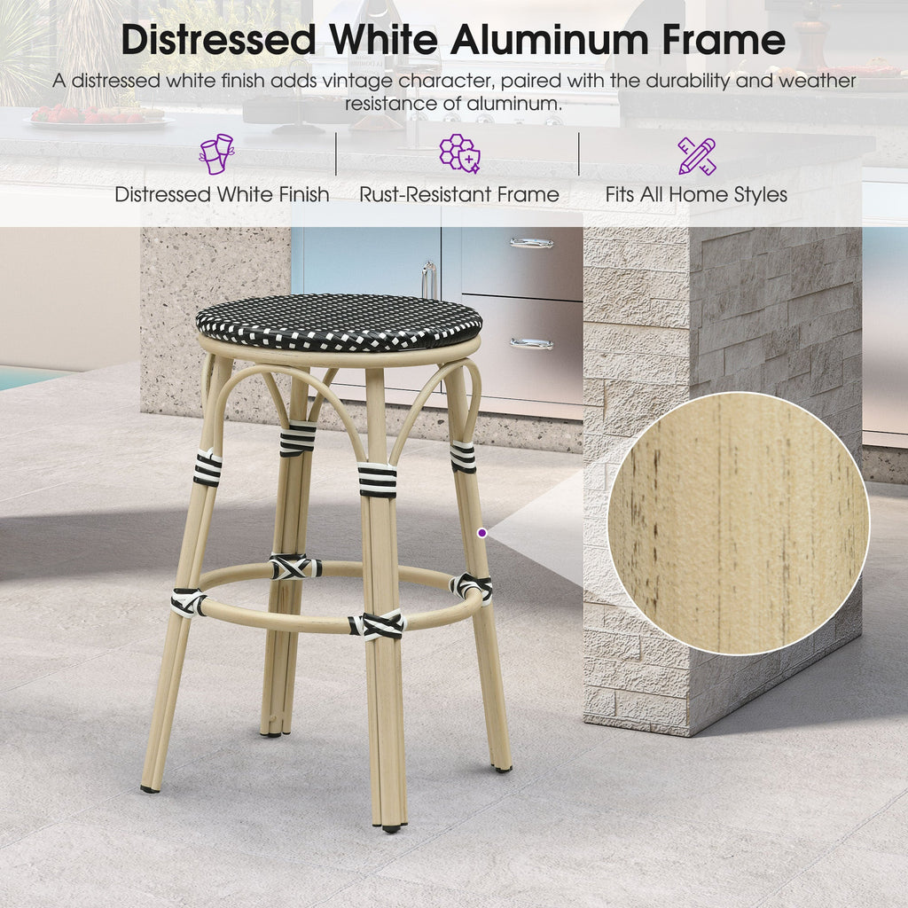PURPLE LEAF Patio French Round Counter Stool Set of 2 Rattan Backless Stackable Barstools Aluminum Frame Footrest with Woven Wicker for Outdoor Kitchen Yard