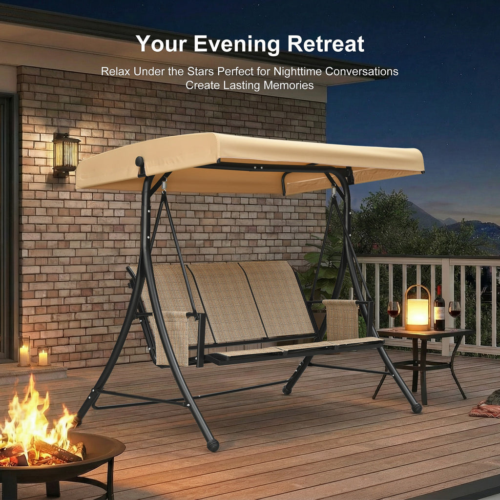 PURPLE LEAF Porch Swing with Adjustable Tilt Canopy Patio Swing with Stand and Meatl Steel Frame All-Weather Outdoor Swing Chair Seat Space-Saving for Backyard Garden Deck