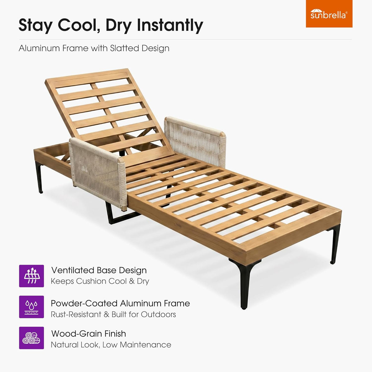 PURPLE LEAF Outdoor Chaise Lounge Sunbrella Patio Lounge Chair Recliner and Cushion for Poolside Balcony Backyard