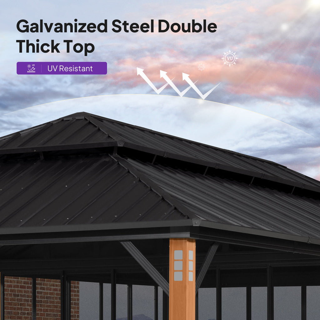 PURPLE LEAF Sunroom Hardtop Gazebo with Wood Grain Columns Black Frame Double Roof Galvanized Steel Solarium All-Weather Screen House with String Lights