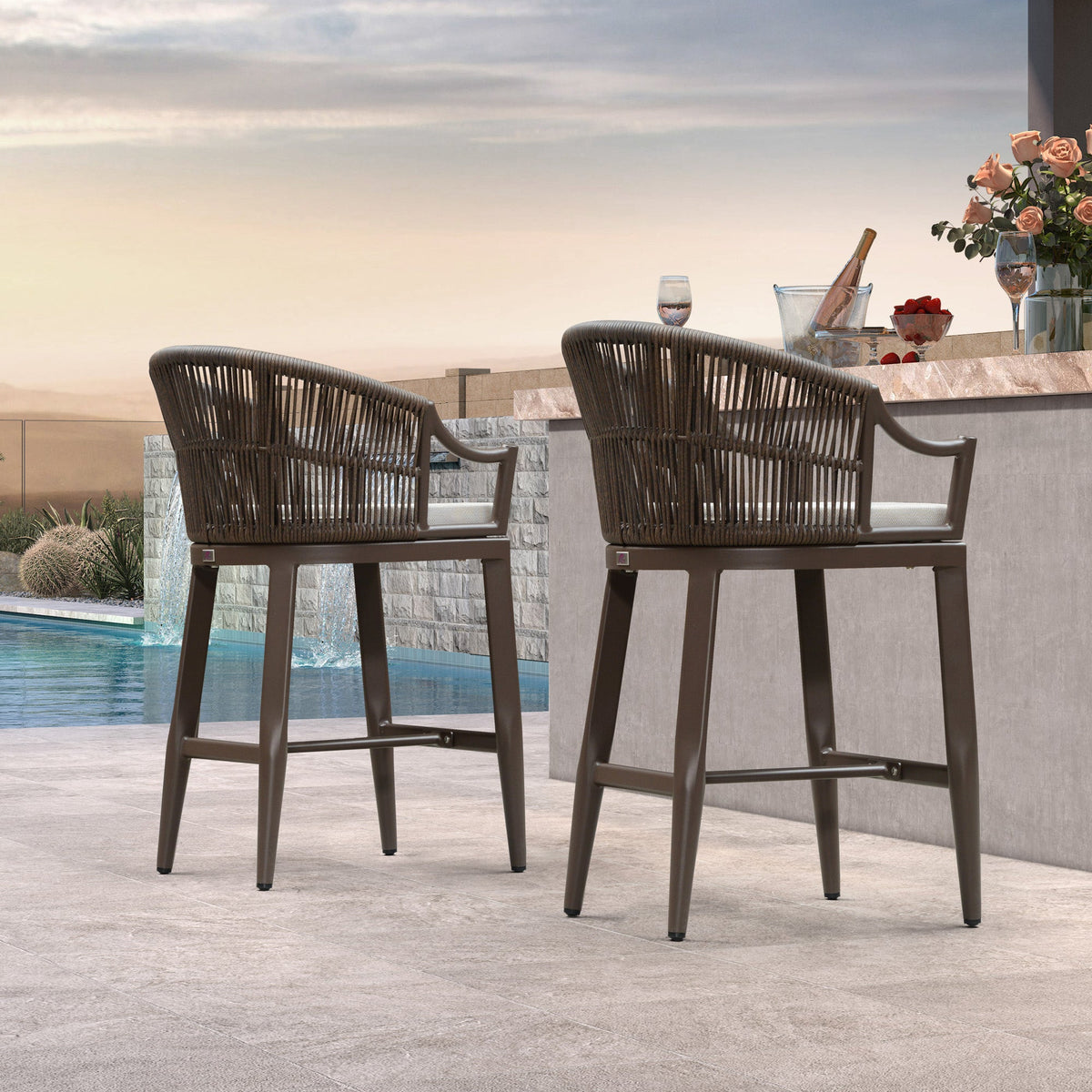 PURPLE LEAF Patio Bar Stools Set of 2 Outdoor Wicker Modern High Bar Chairs Metal Cushioned Barstools with Backs and Ergonomic Armrest