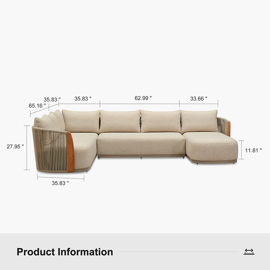 PURPLE LEAF Hailar U-Shaped Patio Conversation Set with Genuine Teak Cushions and Pillows Olefin Rope Backrest Outdoor Couch Sets for Porch Garden