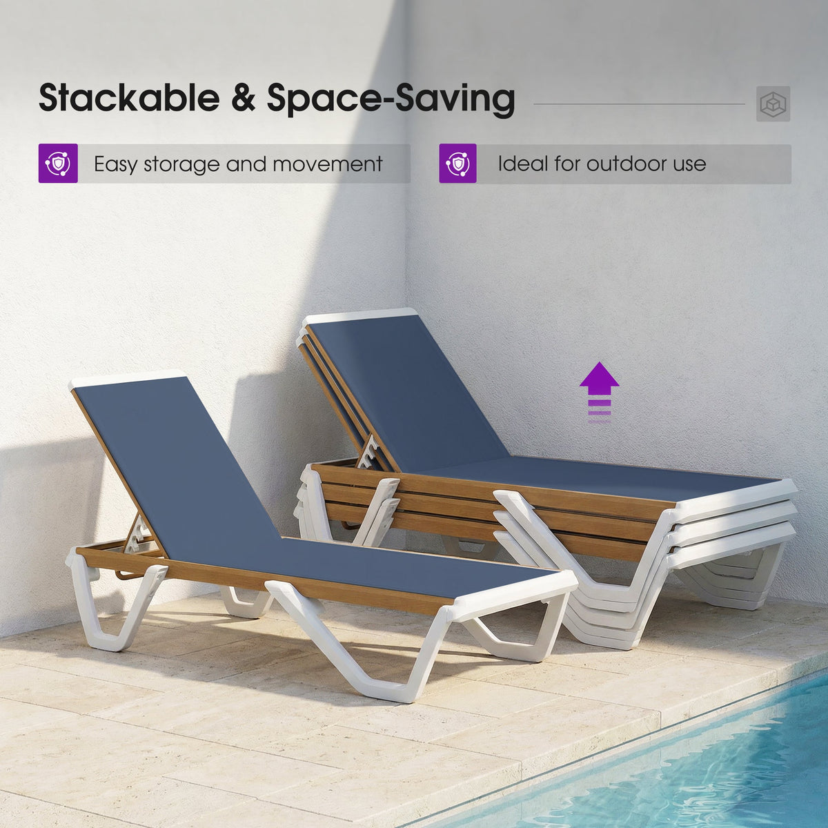 PURPLE LEAF Patio Lounge Chair Set White Chaise Lounge Chairs Five-Position Adjustable Plastic Stackable Chaise for Pool Sunbathing Beach Deck Outdoor