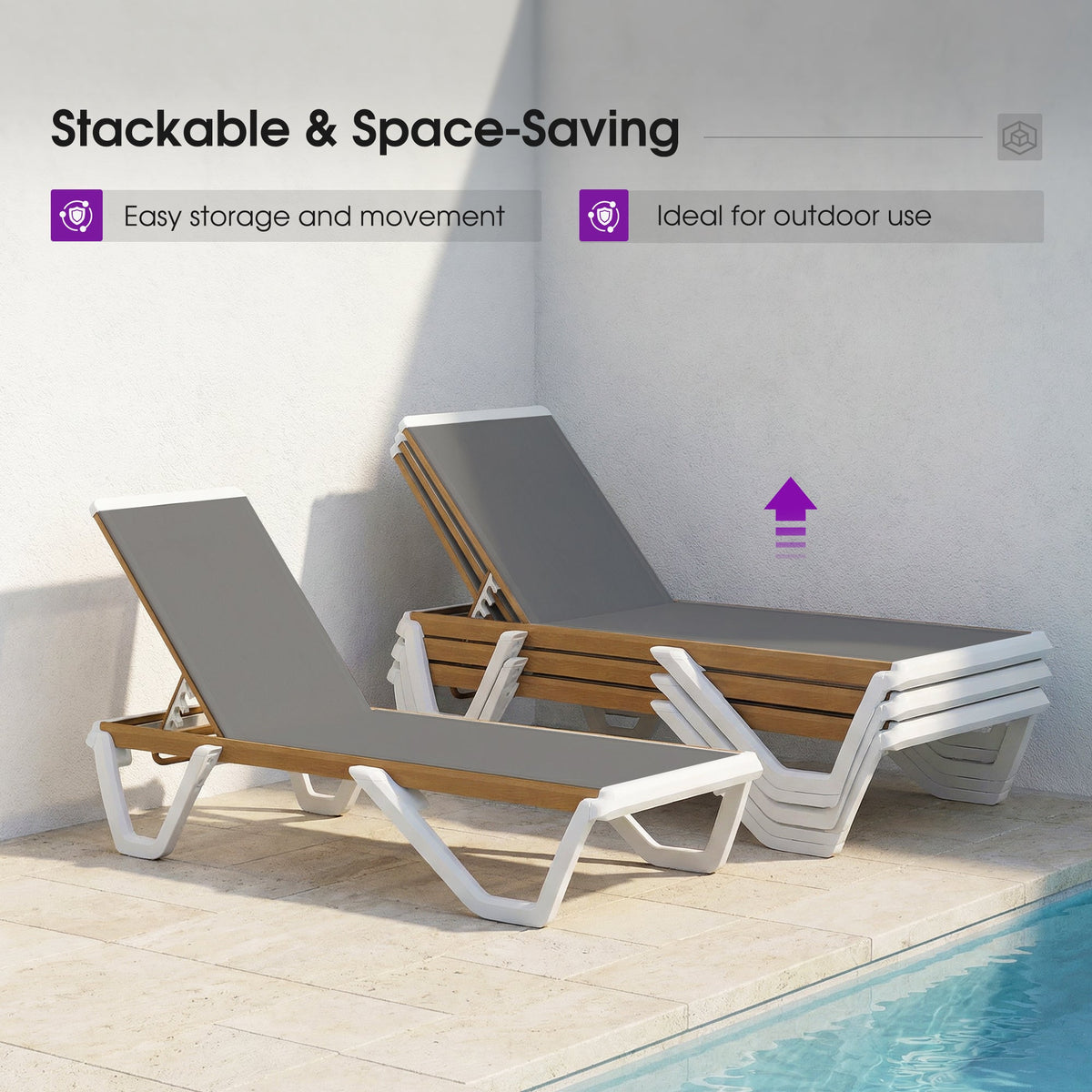 PURPLE LEAF Patio Lounge Chair Set White Chaise Lounge Chairs Five-Position Adjustable Plastic Stackable Chaise for Pool Sunbathing Beach Deck Outdoor