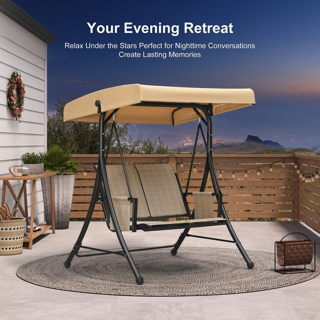 PURPLE LEAF Porch Swing with Adjustable Tilt Canopy Patio Swing with Stand and Meatl Steel Frame All-Weather Outdoor Swing Chair Seat Space-Saving for Backyard Garden Deck