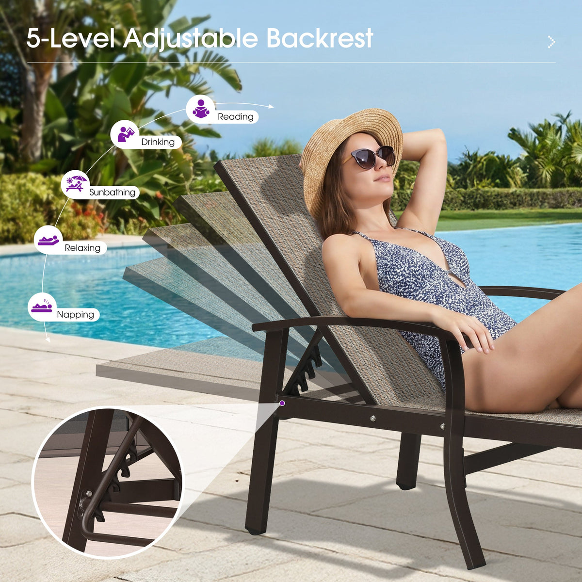 PURPLE LEAF Outdoor Chaise Lounge Chair Patio Pool Lounger Aluminum Chairs with Side Table and Wheels Adjustable Tanning Recliner with Armrests for Outside Backyard Deck Beach