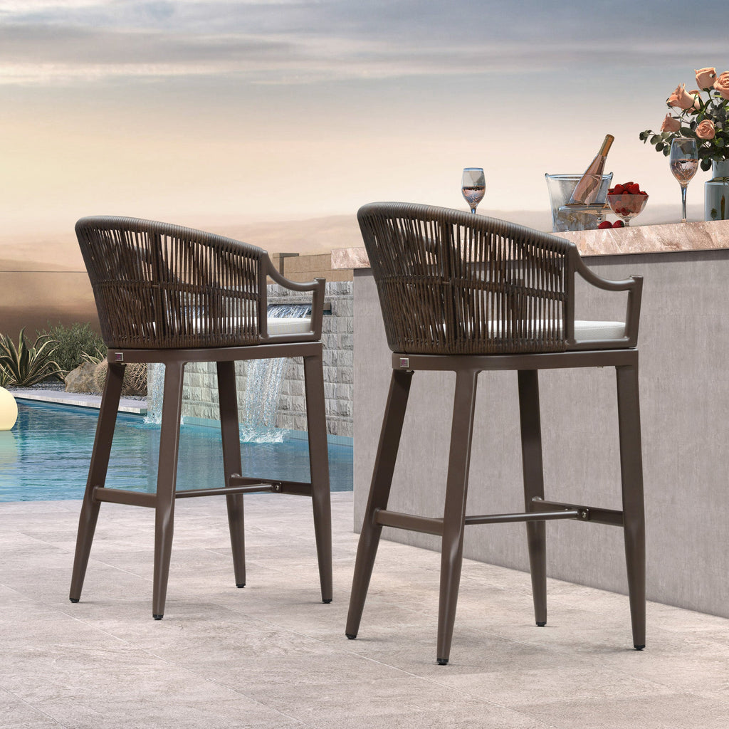 PURPLE LEAF Patio Bar Stools Set of 2 Outdoor Wicker Modern High Bar Chairs Metal Cushioned Barstools with Backs and Ergonomic Armrest