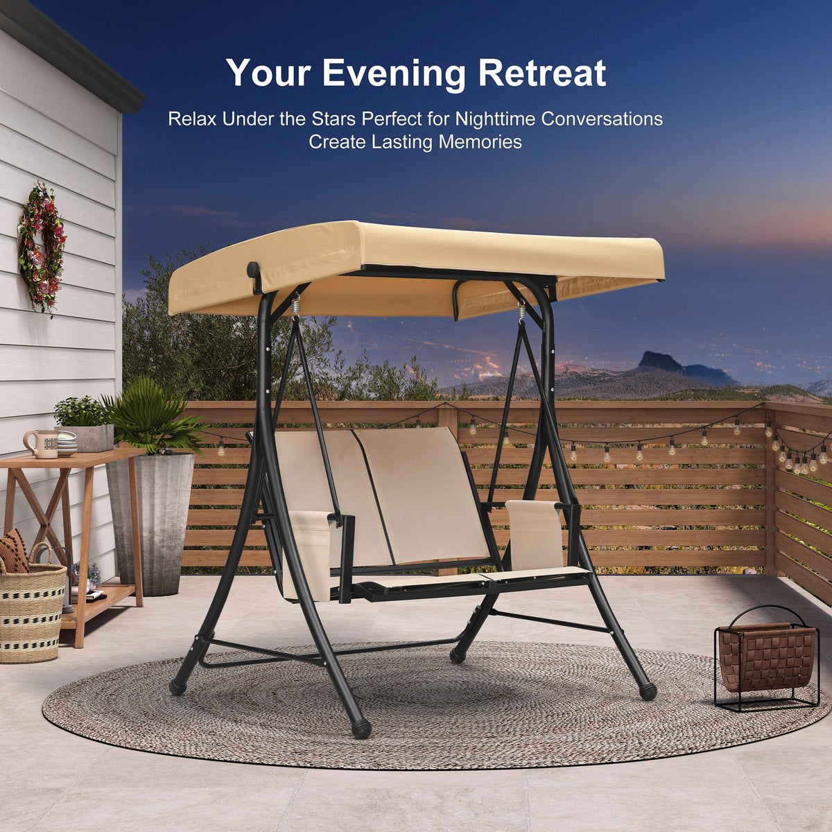 PURPLE LEAF Porch Swing with Adjustable Tilt Canopy Patio Swing with Stand and Meatl Steel Frame All-Weather Outdoor Swing Chair Seat Space-Saving for Backyard Garden Deck