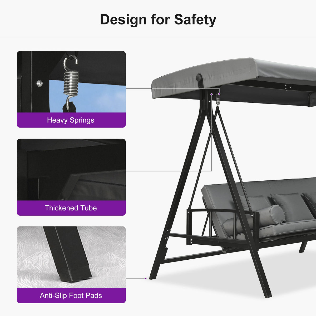 PURPLE LEAF Porch Swing with Adjustable Tilt Canopy Patio Swing with Stand and Meatl Steel Frame All-Weather Outdoor Swing Chair Seat Space-Saving for Backyard Garden Deck