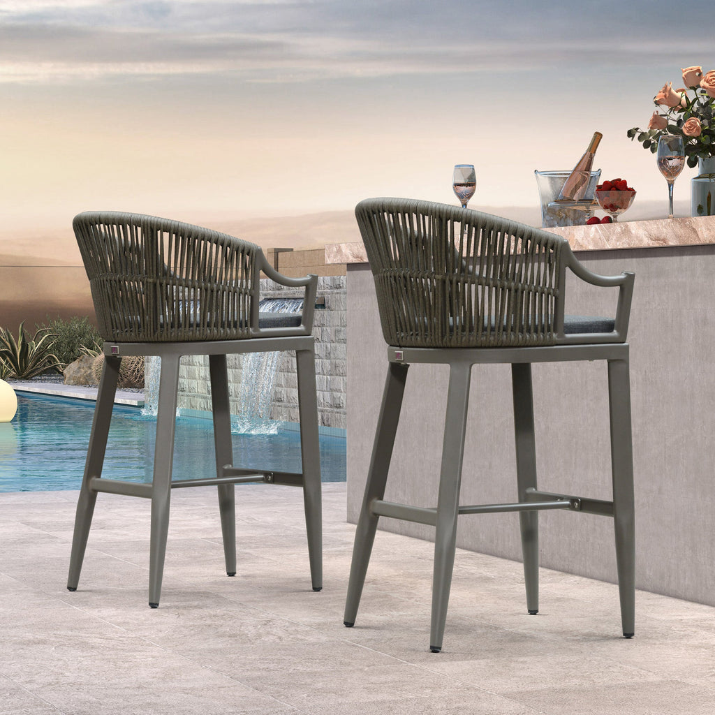 PURPLE LEAF Patio Bar Stools Set of 2 Outdoor Wicker Modern High Bar Chairs Metal Cushioned Barstools with Backs and Ergonomic Armrest
