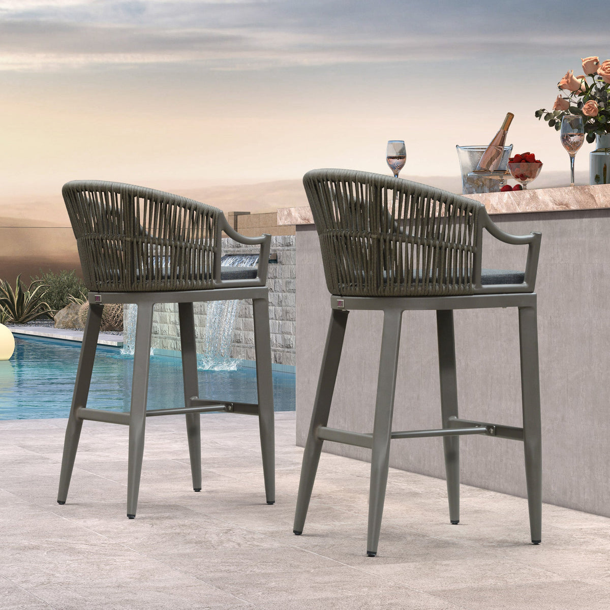 PURPLE LEAF Patio Bar Stools Set of 2 Outdoor Wicker Modern High Bar Chairs Metal Cushioned Barstools with Backs and Ergonomic Armrest